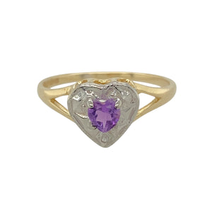 9ct Gold Diamond & Amethyst Set Heart Ring