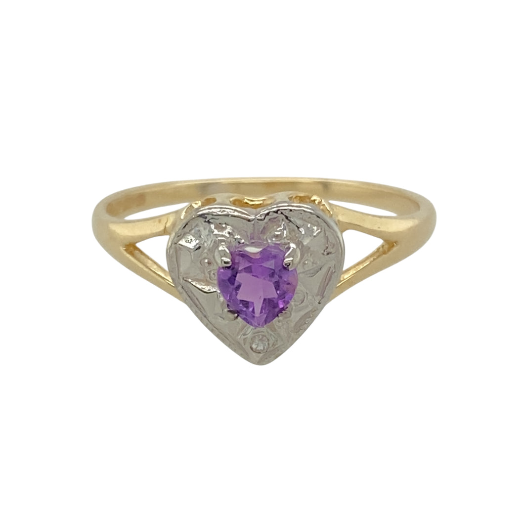 9ct Gold Diamond & Amethyst Set Heart Ring