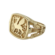 Load image into Gallery viewer, This pre-owned 9ct yellow gold Welsh Dragon signet ring is a bold and meaningful piece.

Design: The ring features the iconic Welsh Dragon symbol, complemented by the Three Feathers symbols on each shoulder, representing Welsh heritage and pride.
Material: Made from 9ct yellow gold, offering a sturdy and classic finish.
Size &amp; Weight: Size P, 6.30 grams, with the front of the ring measuring 15mm high.
