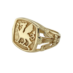 This pre-owned 9ct yellow gold Welsh Dragon signet ring is a bold and meaningful piece.

Design: The ring features the iconic Welsh Dragon symbol, complemented by the Three Feathers symbols on each shoulder, representing Welsh heritage and pride.
Material: Made from 9ct yellow gold, offering a sturdy and classic finish.
Size & Weight: Size P, 6.30 grams, with the front of the ring measuring 15mm high.