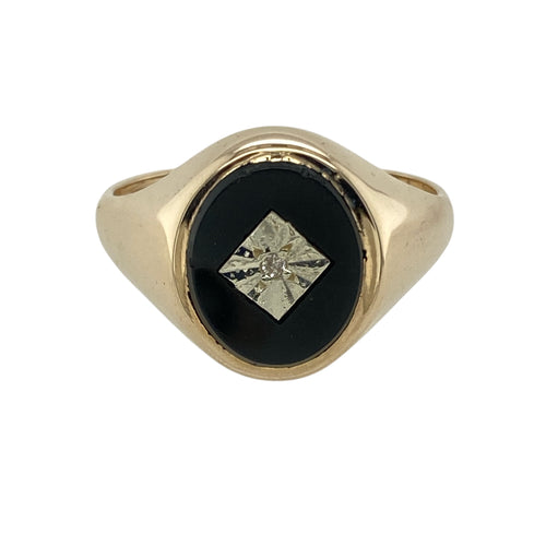 9ct Gold Diamond & Onyx Set Oval Signet Ring