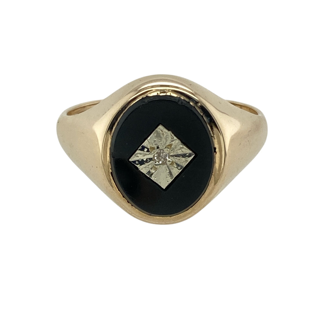 9ct Gold Diamond & Onyx Set Oval Signet Ring