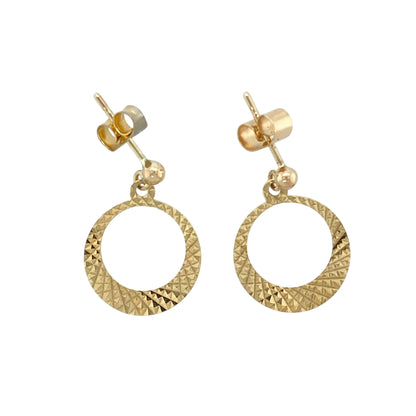 9ct Gold Patterned Open Circle Drop Stud Earrings