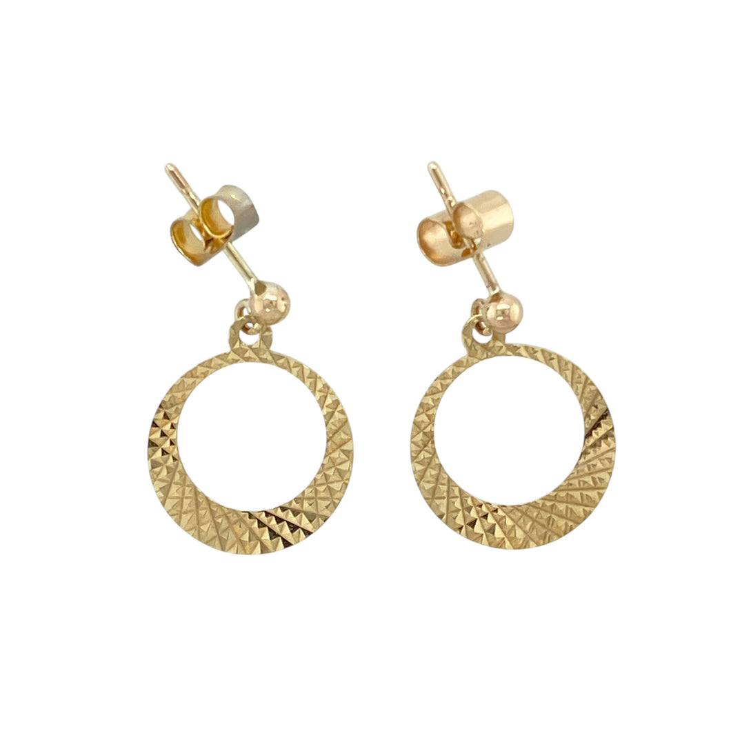 9ct Gold Patterned Open Circle Drop Stud Earrings