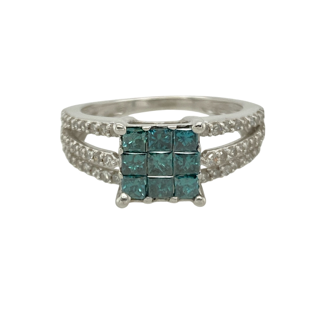 9ct White Gold & Diamond Set Square Cluster Ring