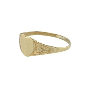 A perfect keepsake for a little one, this pre-owned 9ct yellow gold children's heart signet ring blends delicate design with timeless sentiment, featuring:

Design: A petite signet ring with a heart-shaped front, adorned with subtle patterning that adds a touch of charm and individuality.
Material: Made from 9-carat yellow gold, offering a warm, polished finish that’s both classic and gentle on young hands.
