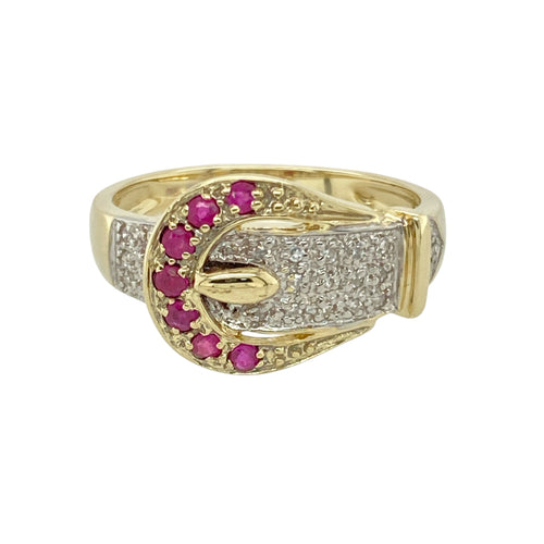 9ct Gold Diamond & Ruby Set Buckle Ring