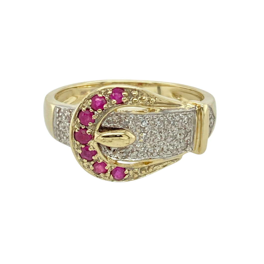 9ct Gold Diamond & Ruby Set Buckle Ring