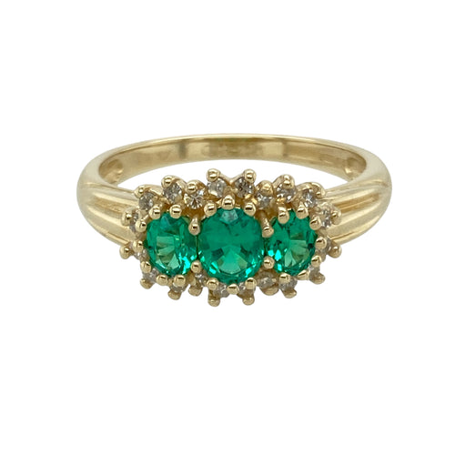 9ct Gold Diamond & Green Stone Set Trilogy Cluster Ring