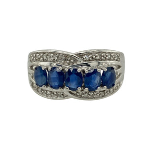 9ct White Gold Diamond & Sapphire Set Crossover Band Ring