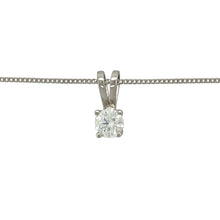 Load image into Gallery viewer, Add refined sparkle to your jewellery collection with this pre-owned 18ct white gold diamond set solitaire pendant necklace, offering timeless simplicity and radiant elegance, featuring:

Design: A classic solitaire pendant design showcasing a single brilliant-cut diamond, suspended from an 18-inch curb chain for a clean and graceful look.
Material: Made from 18-carat white gold, the polished finish provides a sleek, modern setting that enhances the diamond’s brilliance.

