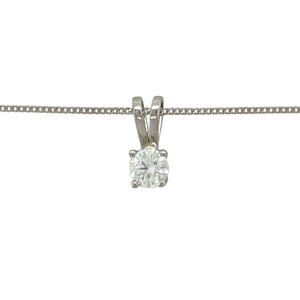 Add refined sparkle to your jewellery collection with this pre-owned 18ct white gold diamond set solitaire pendant necklace, offering timeless simplicity and radiant elegance, featuring:

Design: A classic solitaire pendant design showcasing a single brilliant-cut diamond, suspended from an 18-inch curb chain for a clean and graceful look.
Material: Made from 18-carat white gold, the polished finish provides a sleek, modern setting that enhances the diamond’s brilliance.
