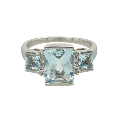 9ct White Gold Diamond & Aquamarine Set Trilogy Ring
