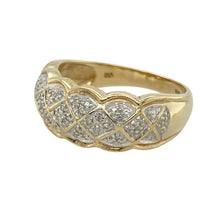 Load image into Gallery viewer, Make a statement with striking contrast and elegant detail in this pre-owned 9ct yellow and white gold diamond set criss-cross patterned wide band ring, offering bold design with a refined sparkle, featuring:

Design: A wide band style featuring an eye-catching criss-cross pattern, with alternating yellow and white gold elements for a dynamic, two-tone effect. Diamonds are subtly set within the white gold sections, adding brilliance to the bold design.

