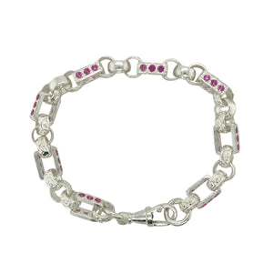 New 925 Silver 8.5" Pink Cubic Zirconia Set Patterned Belcher Bracelet