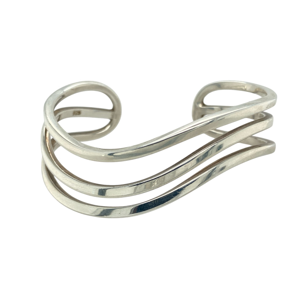 925 Silver Three Band Wave Cuff Bangle