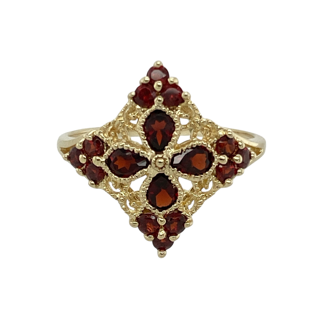 9ct Gold & Garnet Set Filigree Patterned Ring