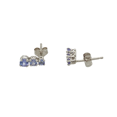 9ct White Gold & Tanzanite Set Three Stone Stud Earrings