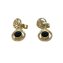 Load image into Gallery viewer, Bring bold contrast and artistic charm to your collection with these pre-owned 9ct yellow gold and onyx set Mackintosh style drop earrings, combining elegant design with a touch of vintage flair—perfect for statement wear or refined everyday style.

Design: Each earring features a 4mm round onyx stone set within a stylised Mackintosh-inspired drop, offering clean lines and striking black-and-gold contrast.

