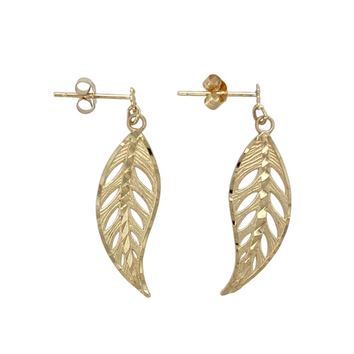Bring natural elegance and lightweight movement to your collection with these pre-owned 9ct yellow gold open leaf drop earrings, featuring a graceful silhouette and timeless charm—perfect for everyday wear or nature-inspired gifting.

Design: Each earring features an open leaf motif with flowing lines and delicate detailing, offering a soft, organic shape with subtle sophistication.
Material: Made from 9-carat yellow gold, the polished finish adds warmth and highlights the airy, open design.

