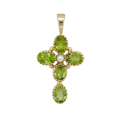 9ct Gold Peridot & Pearl Set Cross Pendant