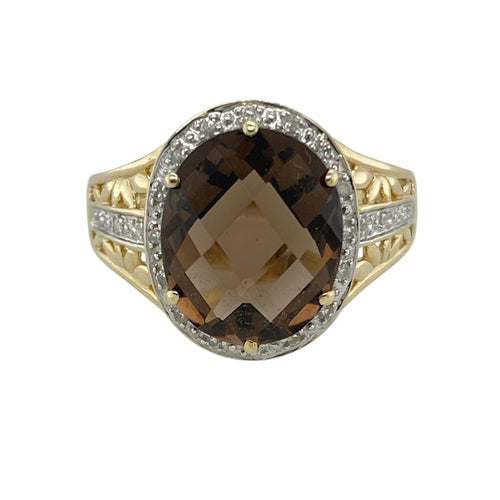 9ct Gold Diamond & Smoky Quartz Set Halo Ring