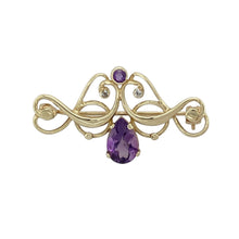 Load image into Gallery viewer, 9ct Gold Diamond &amp; Amethyst Set Swirl Brooch
