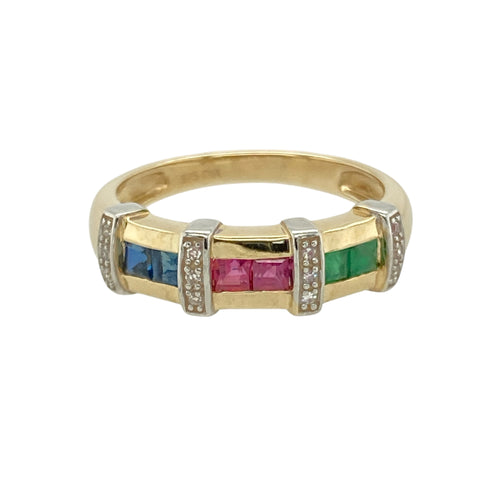 9ct Gold Diamond Ruby Emerald & Sapphire Set Band Ring
