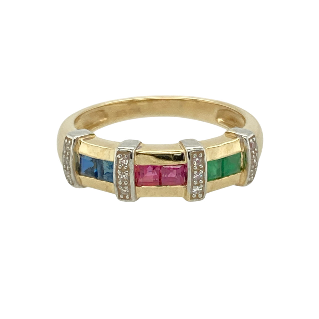 9ct Gold Diamond Ruby Emerald & Sapphire Set Band Ring
