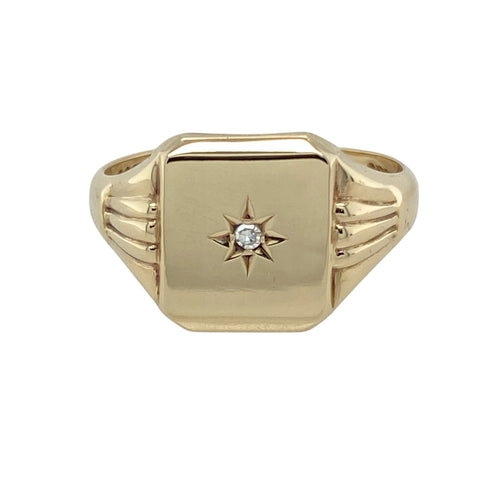 9ct Gold & Diamond Set Square Signet Ring