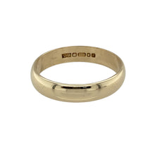 Load image into Gallery viewer, Simple, timeless, and elegant, this pre-owned 9ct yellow gold wedding band ring is a classic symbol of love—perfect for everyday wear or marking a special commitment.

Design: This 4mm wide band features a smooth, polished surface with a traditional rounded profile, offering understated elegance and lasting appeal.
Material: Made from 9-carat yellow gold, the warm tone and high-shine finish create a timeless look suited to all styles.

