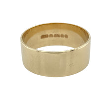 Load image into Gallery viewer, Make a bold and timeless statement with this pre-owned 9ct yellow gold flat wedding band ring—modern in profile and classic in meaning.

Design: This 8mm wide band features a flat-profile design with clean lines and a smooth, polished surface for a sleek and contemporary look.
Material: Made from 9-carat yellow gold, the warm tone and high-shine finish offer a rich, elegant appearance with lasting appeal.

