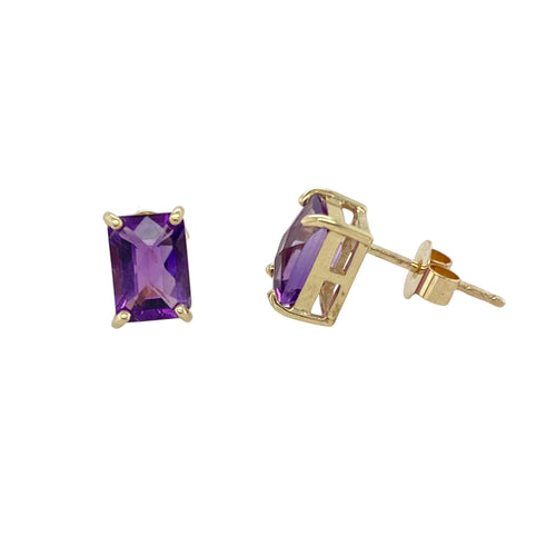 9ct Gold & Amethyst Set Rectangle Stud Earrings