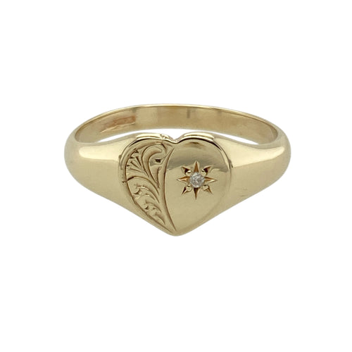 9ct Gold & Diamond Set Patterned Heart Signet Ring