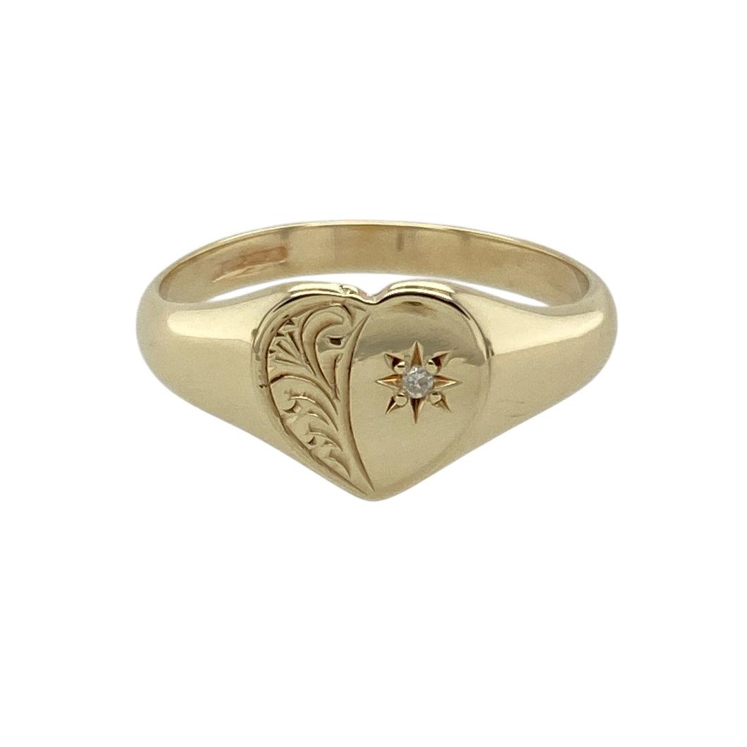 9ct Gold & Diamond Set Patterned Heart Signet Ring