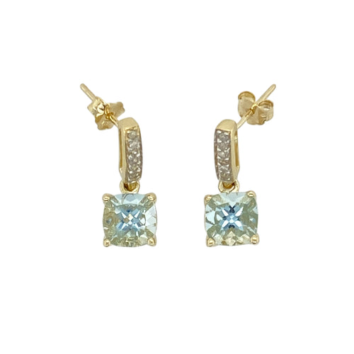 9ct Gold Diamond & Aquamarine Set Drop Earrings