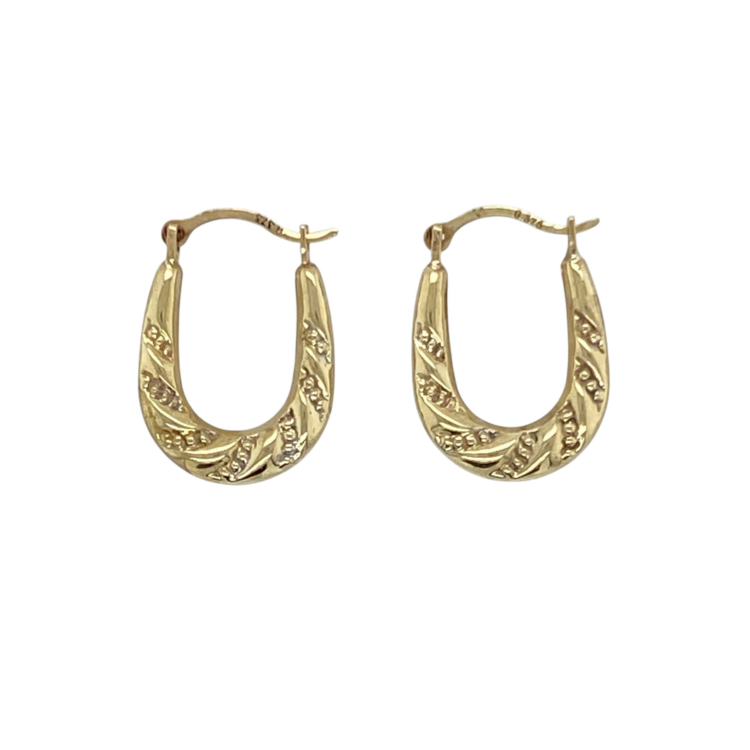 9ct Gold Patterned Oval Creole Earrings