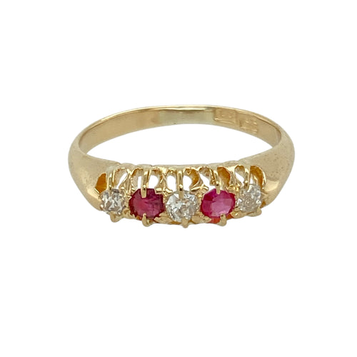 18ct Gold Diamond & Ruby Set Vintage Style Band Ring