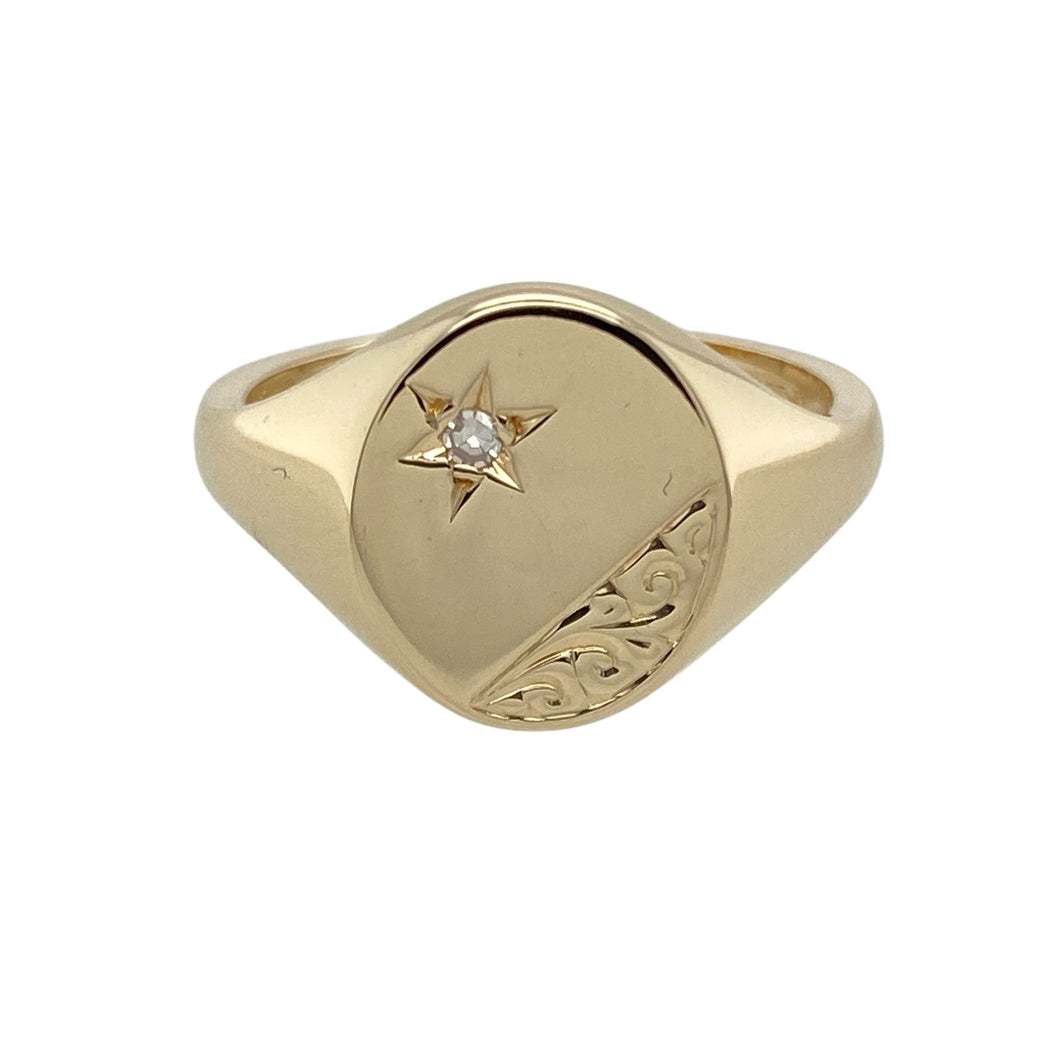 9ct Gold & Diamond Set Engraved Oval Signet Ring