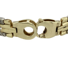 Load image into Gallery viewer, Bring bold elegance and intricate design to your collection with this pre-owned 9ct yellow and white gold diamond set fancy link bracelet—luxurious in detail and rich in contrast for standout sophistication.

Design: The bracelet features alternating links of white and yellow gold. The white gold links showcase a crossover design set with diamonds, while the yellow gold links are crafted from three parallel lines, adding texture and depth.


