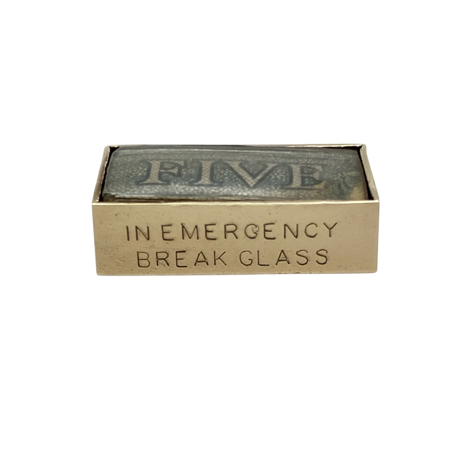Add a touch of humour and nostalgic charm to your collection with this pre-owned 9ct yellow gold vintage folded £5 note case charm—cleverly designed and full of character.

Design: The charm is styled as a miniature folded case containing a £5 note, with engraved wording at the bottom that reads “In emergency break glass”, giving it a playful and collectible appeal.
Material: Made from 9-carat yellow gold, the polished finish enhances the detailed folds and vintage-inspired design.
