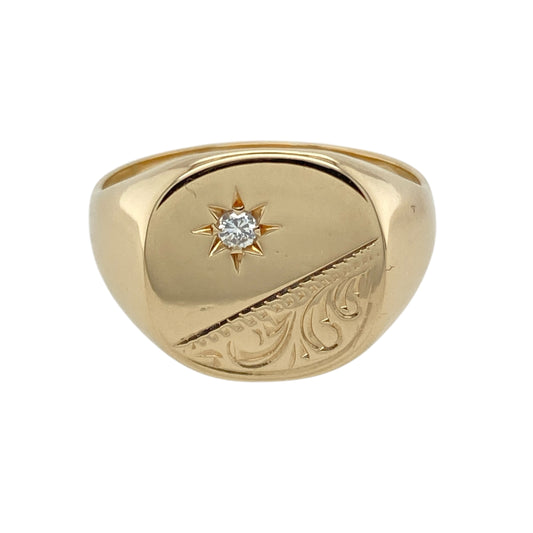 9ct Gold & Diamond Set Engraved Signet Ring