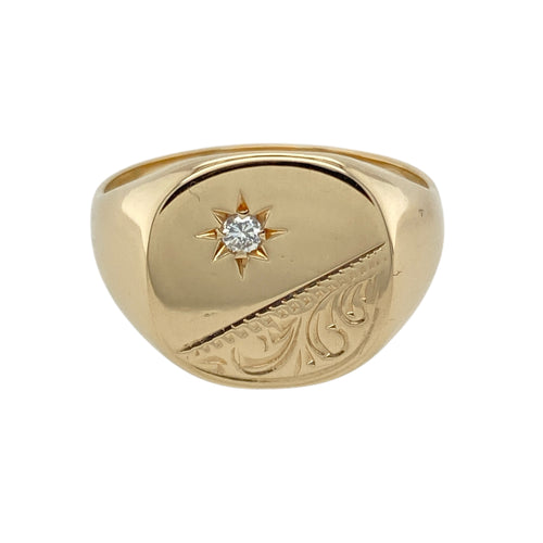 9ct Gold & Diamond Set Engraved Signet Ring