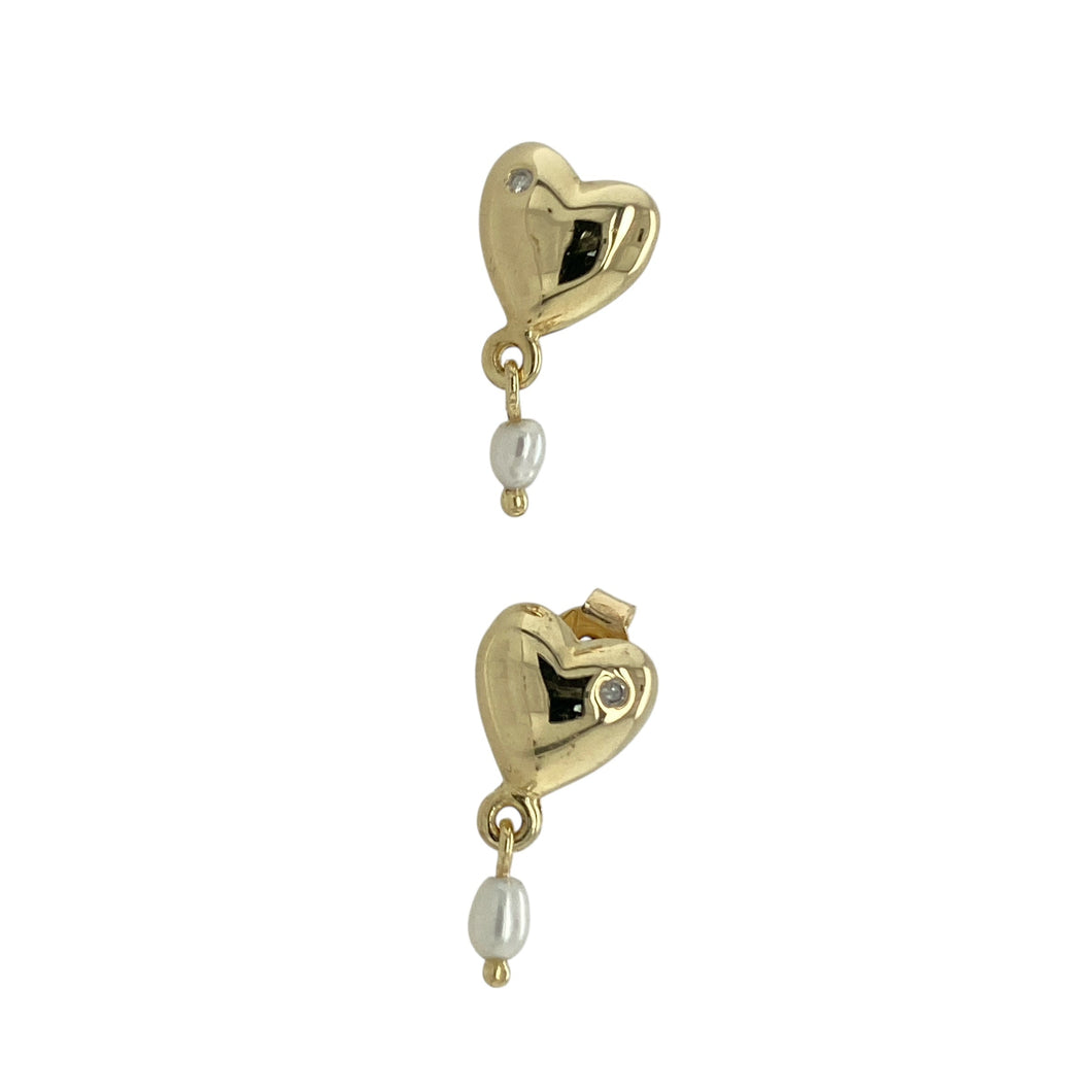 9ct Gold Diamond & Pearl Set Drop Heart Stud Earrings