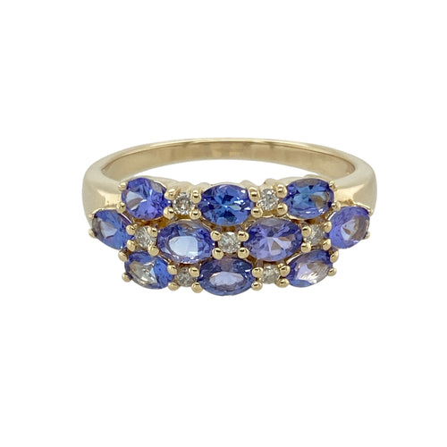 9ct Gold Diamond & Tanzanite Set Cluster Band Ring