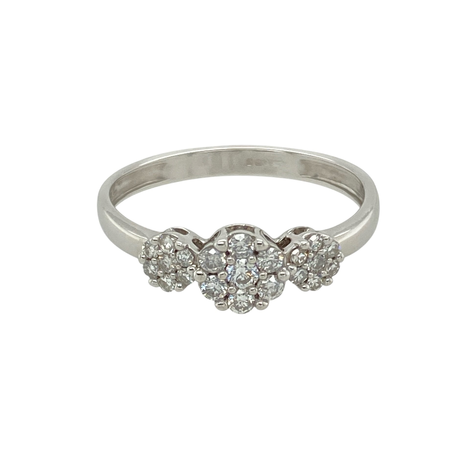 9ct White Gold & Diamond Set Cluster Trilogy Ring