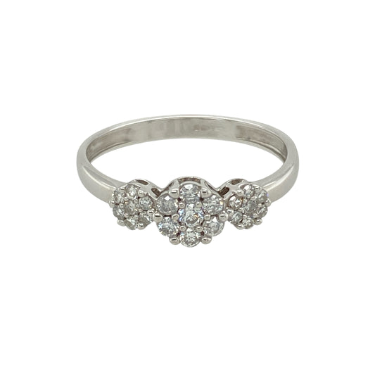 9ct White Gold & Diamond Set Cluster Trilogy Ring