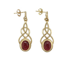 Load image into Gallery viewer, 9ct Gold &amp; Dark Red Stone Celtic Knot Drop Earrings
