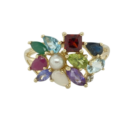 9ct Gold Diamond & Multi Gemstone Cluster Dress Ring