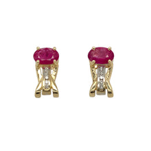 Load image into Gallery viewer, Add rich colour and classic elegance to your collection with these pre-owned 9ct yellow gold diamond and ruby set stud earrings—timeless, refined, and perfect for both everyday and occasion wear.

Design: Each earring features a 6mm by 4mm oval-cut ruby accented with a sparkling diamond, creating a sophisticated and balanced stud design.
Material: Made from 9-carat yellow gold, the polished finish enhances the deep red hue of the rubies and the brilliance of the diamonds.

